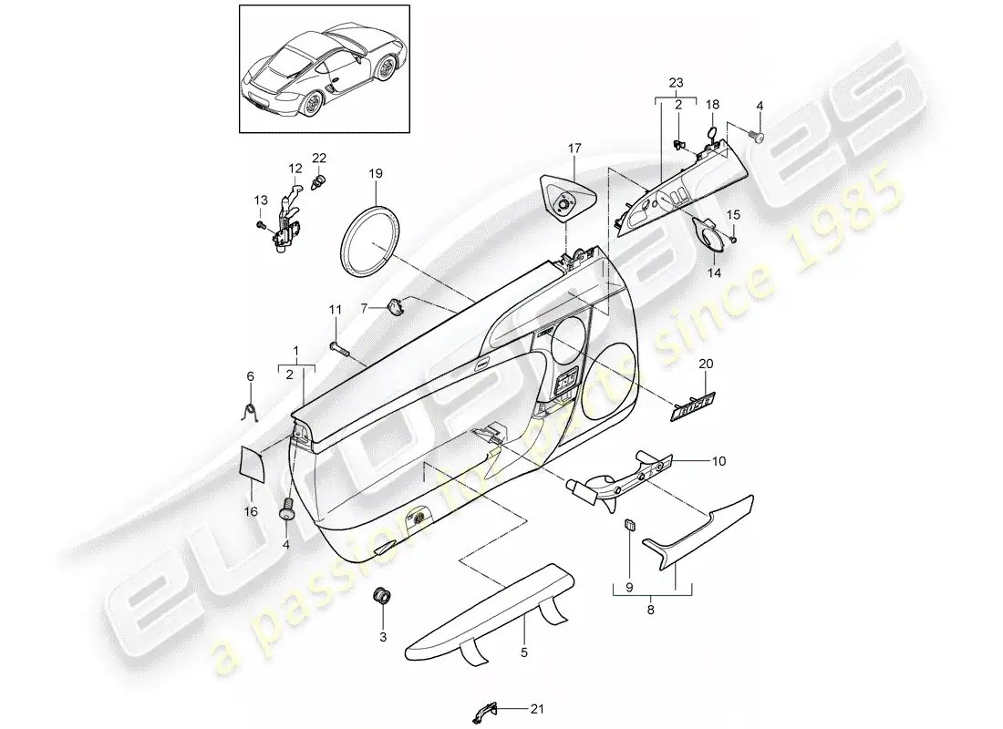 porsche 2009 (987 cayman) panel de la puerta diagrama de piezas