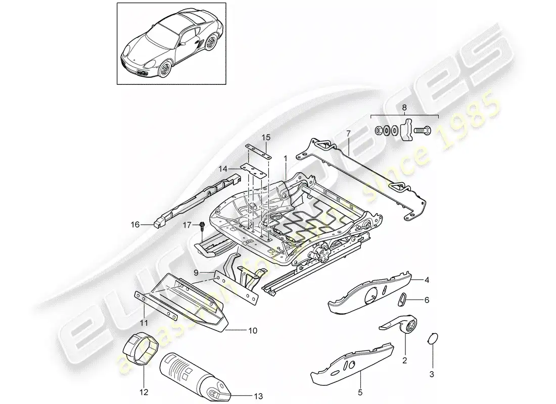 porsche 2009 (987 cayman) estructura del asiento diagrama de piezas