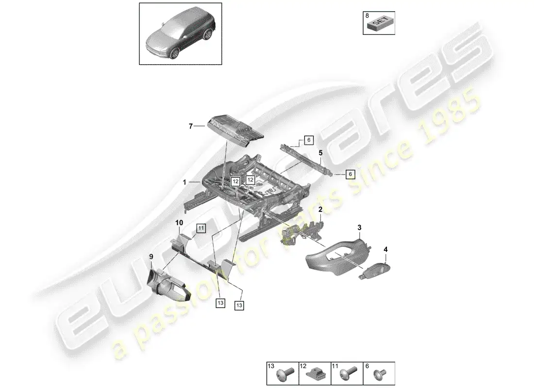 porsche 2020 (cayenne e3 9ya/9yb) estructura del asiento diagrama de piezas