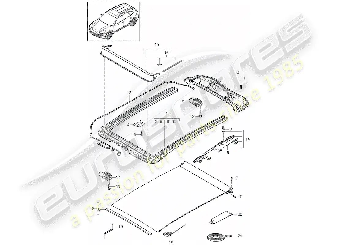 porsche 2018 (cayenne e2 92a) techo de cristal diagrama de piezas