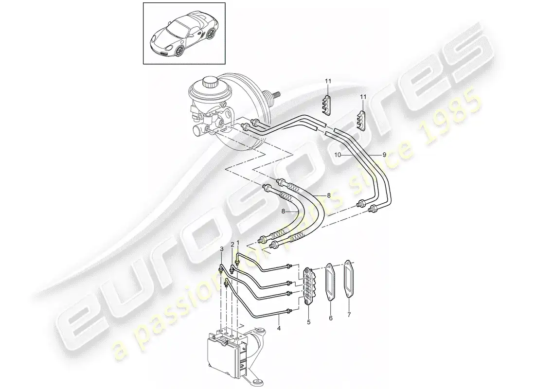 porsche 2011 (987 boxster) líneas de freno diagrama de piezas