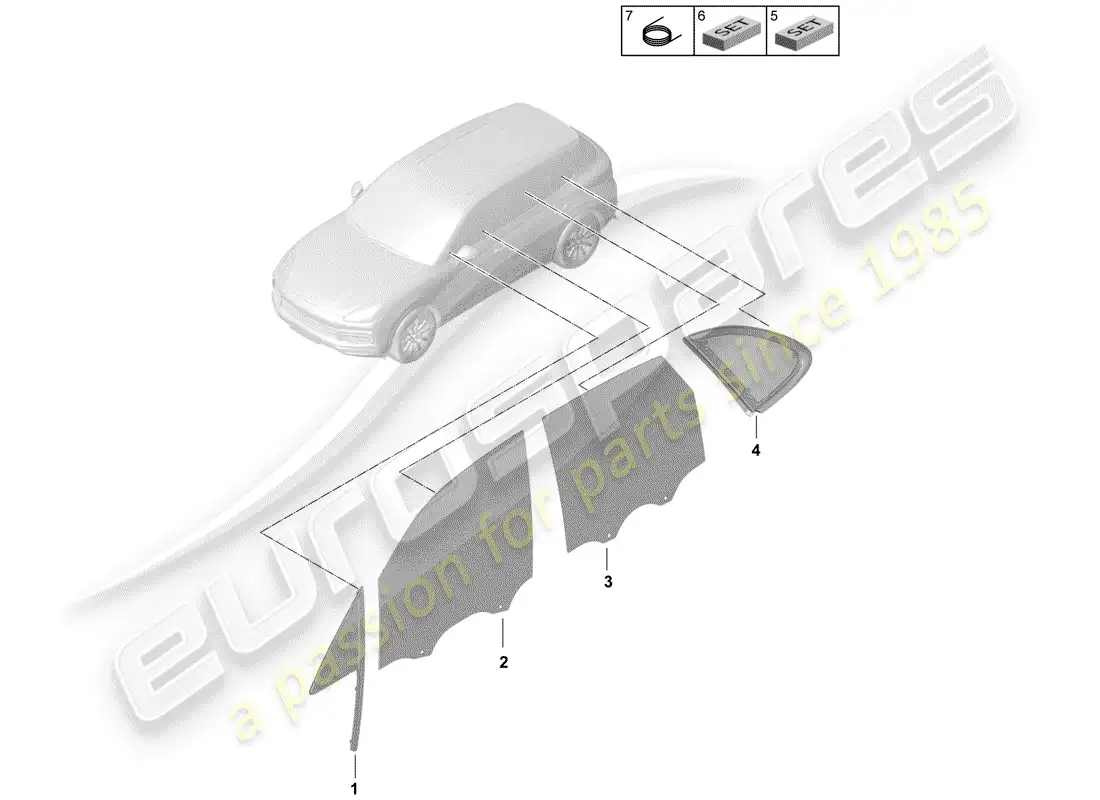porsche 2018 (cayenne e3 9ya/9yb) ventana lateral diagrama de piezas