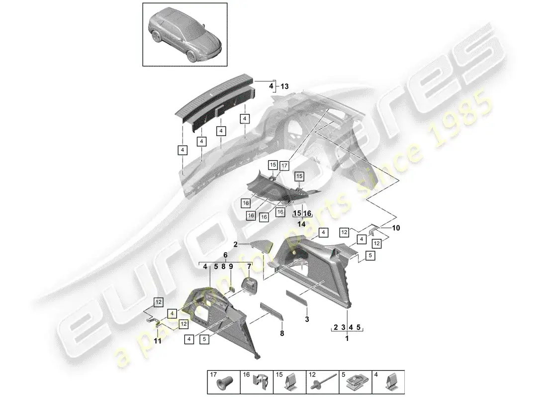 porsche 2018 (cayenne e3 9ya/9yb) forro de bota diagrama de piezas