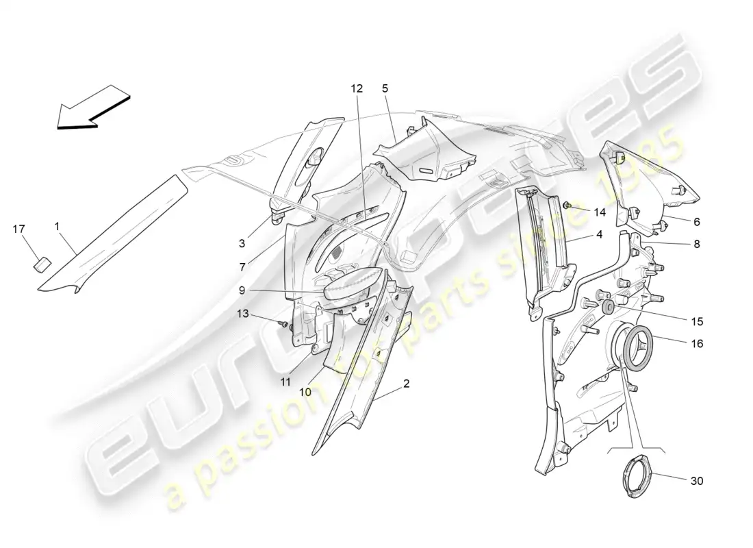 maserati granturismo s (2019) diagrama de piezas de paneles laterales y embellecedores del pilar b del compartimento de pasajeros
