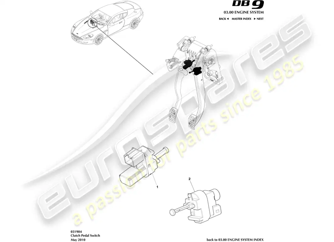 aston martin db9 (2005) interruptor del pedal del embrague diagrama de piezas