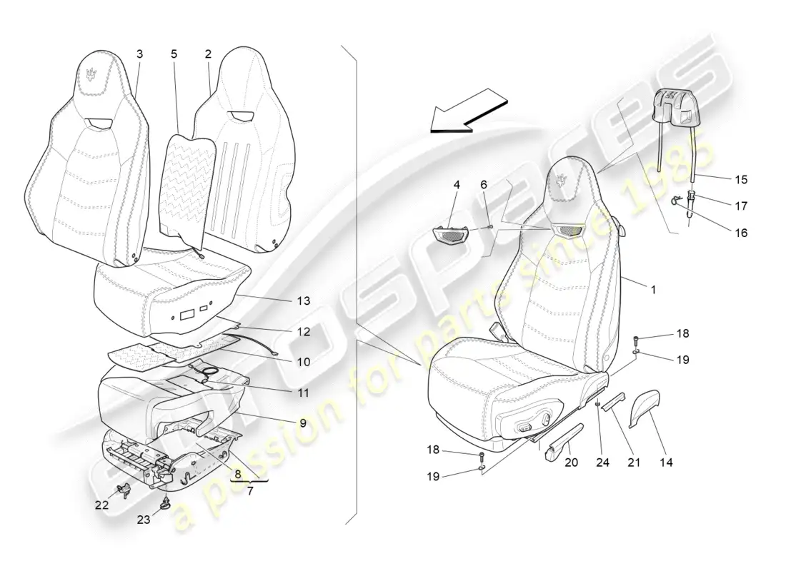 maserati granturismo s (2019) asientos delanteros: diagrama de piezas de los paneles tapizados