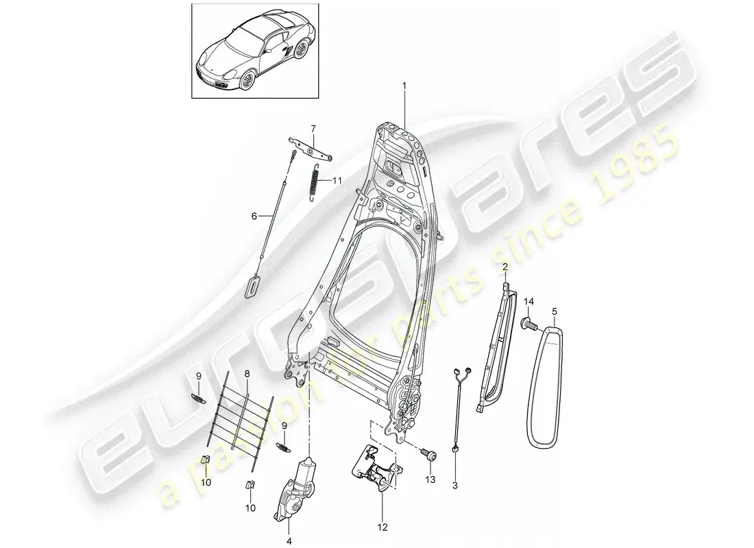 porsche 2009 (987 cayman) marco del respaldo diagrama de piezas