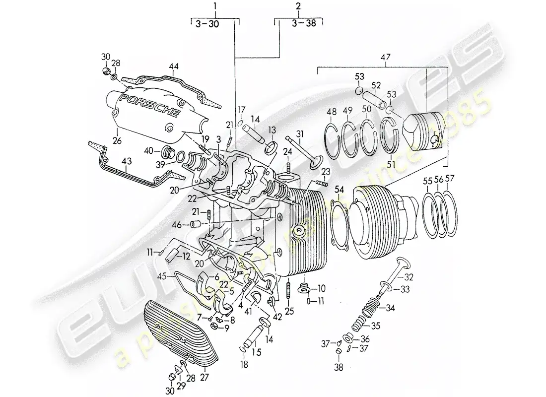 porsche 1951 (356/356a) culata - cilindro con pistones diagrama de piezas