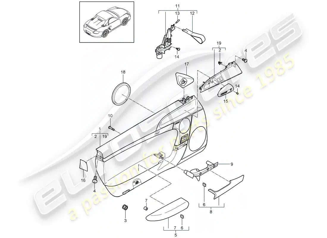 porsche 2009 (987 cayman) panel de la puerta diagrama de piezas
