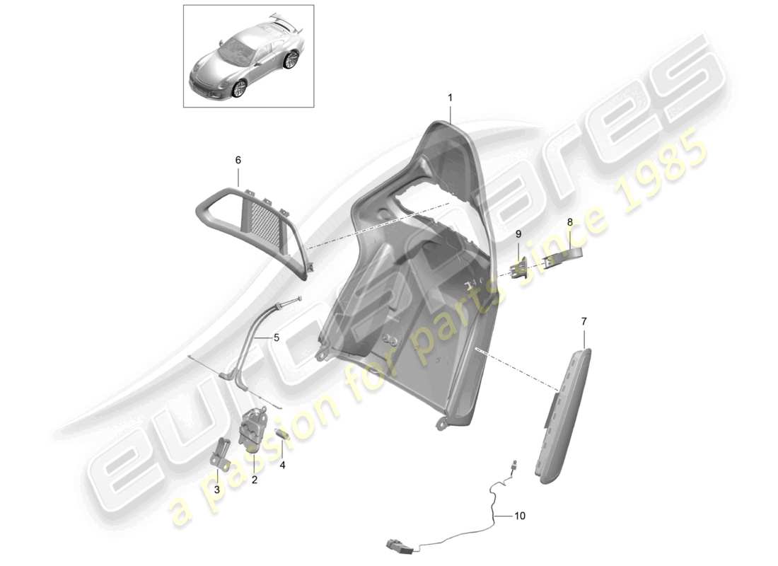 porsche 2021 (991-2 r/gt3/rs) diagrama de piezas de accesorios plegables del asiento tipo butaca con carcasa de respaldo