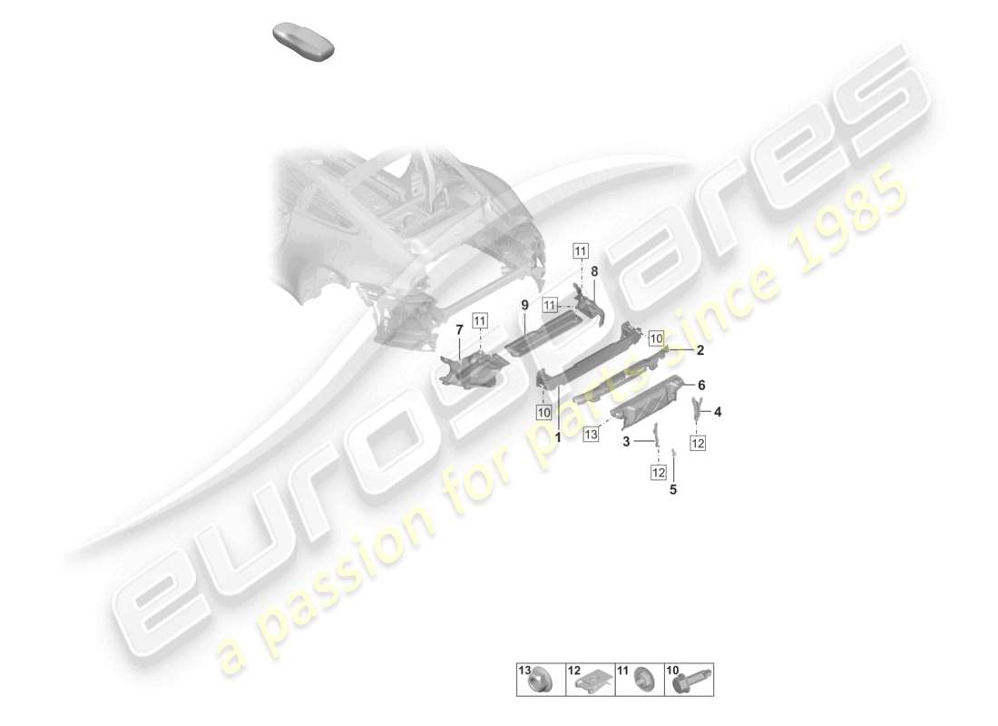porsche 2022 (992-1) diagrama de piezas del soporte del parachoques trasero y del protector térmico