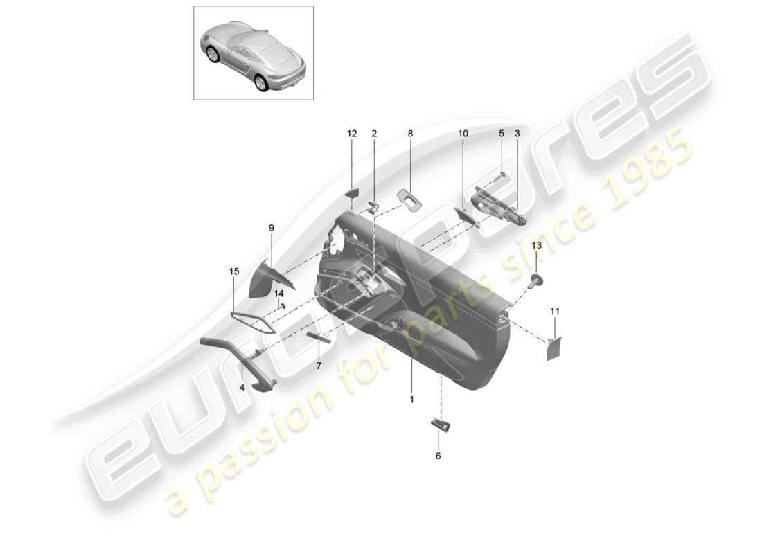 porsche 2021 (718 cayman) diagrama de piezas del panel de la puerta accesorios tapizado de cuero caoba