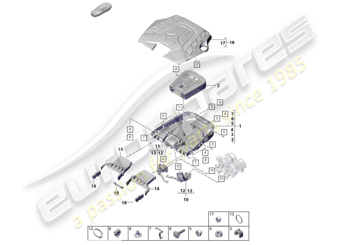 porsche 2025 (cayenne e3 pa) filtro de aire con piezas de conexión diagrama de piezas de la cubierta del motor