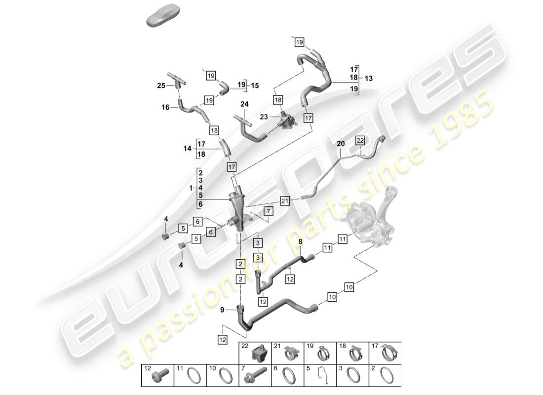 porsche 2022 (992-1 turbo / s) sistema de enfriamiento de refrigerante distribuidor de refrigerante diagrama de piezas del motor