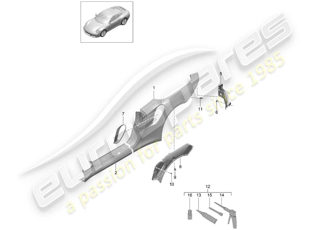 porsche 991 turbo (2018) diagrama de piezas del panel lateral