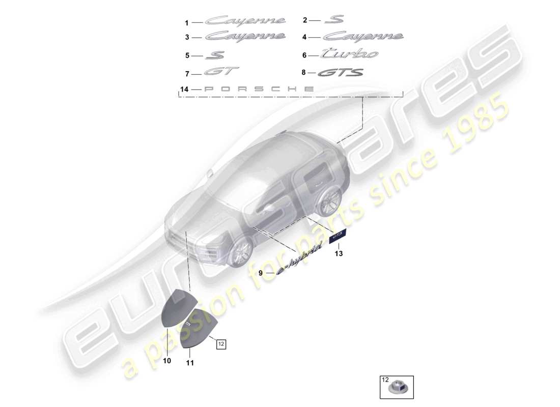 porsche 2026 (cayenne e3 pa) inscripciones/letras delanteras y traseras porsche cresta lateral exterior diagrama de piezas