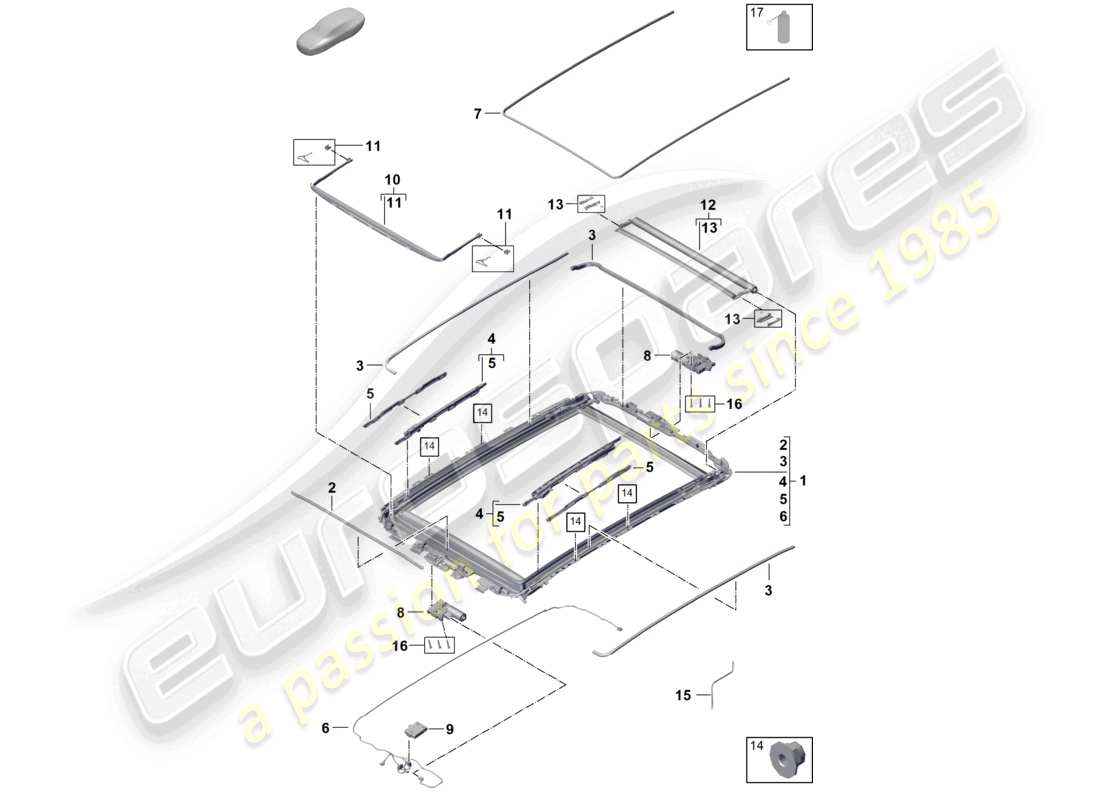 porsche 2026 (cayenne e3 pa) accesorios para marcos de techos de cristal diagrama de piezas