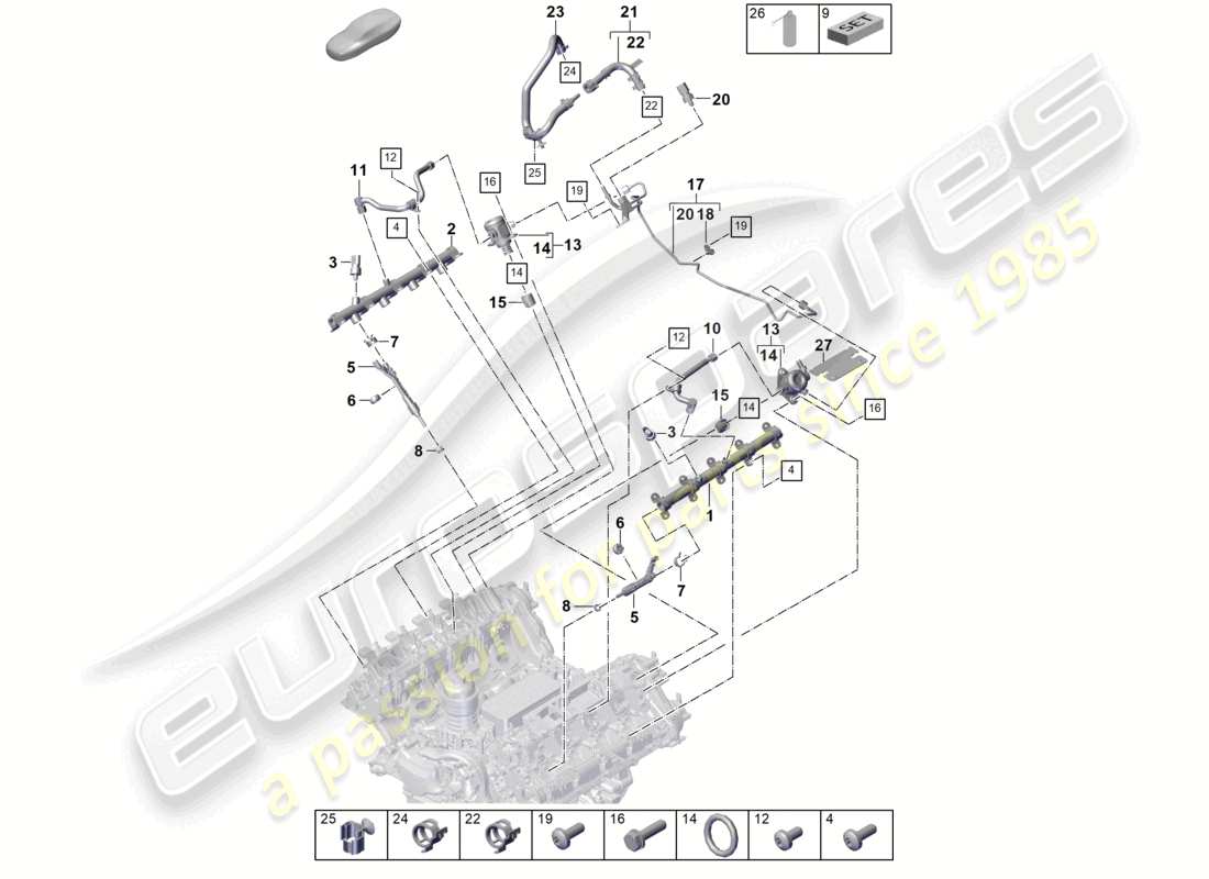 porsche 2025 (cayenne e3 pa) diagrama de piezas de la tubería de recolección de combustible, inyector de alta presión, bomba de alta presión, línea de combustible