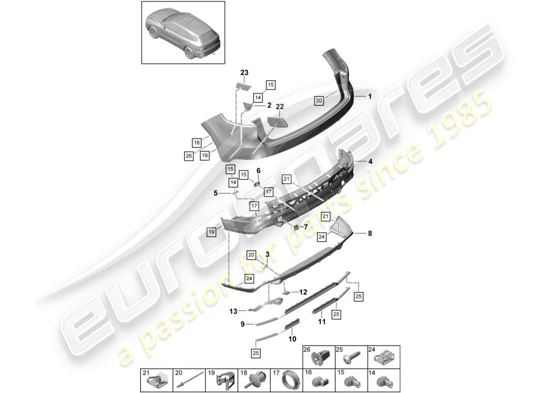 porsche 2023 (cayenne e3 9ya/9yb) parachoques trasero turbo diagrama de piezas