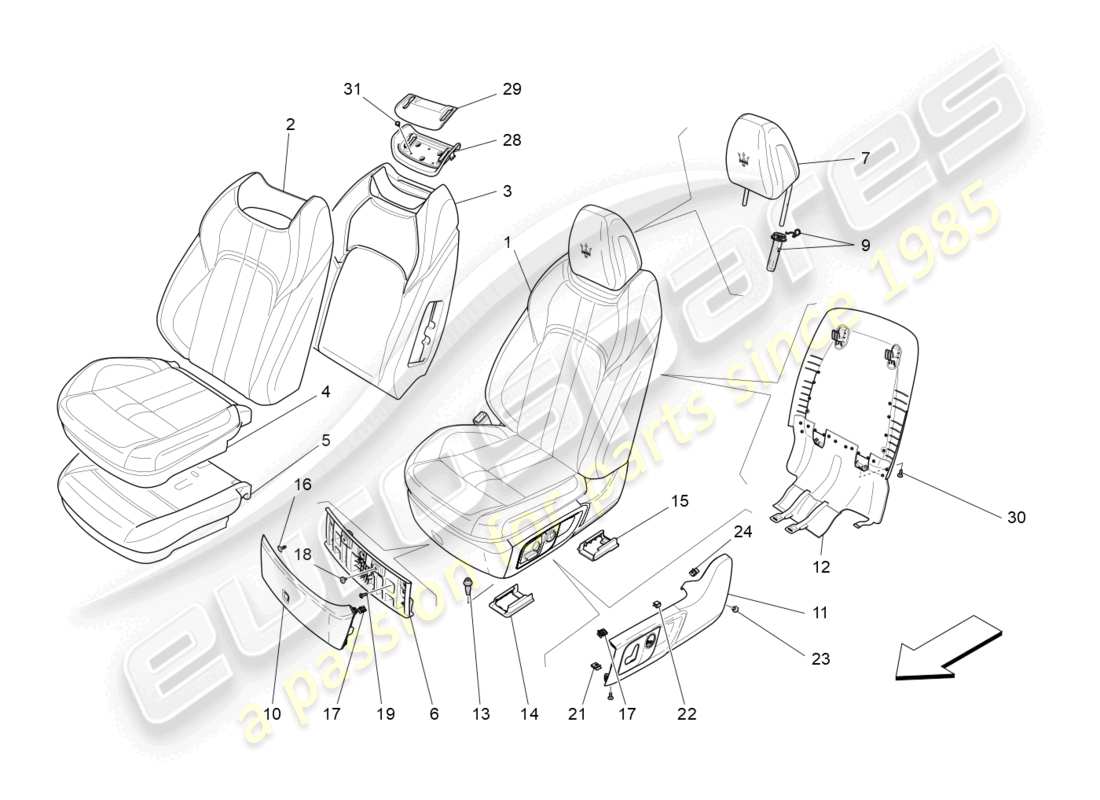 maserati levante modena s (2022) front seats: trim panels diagrama de piezas