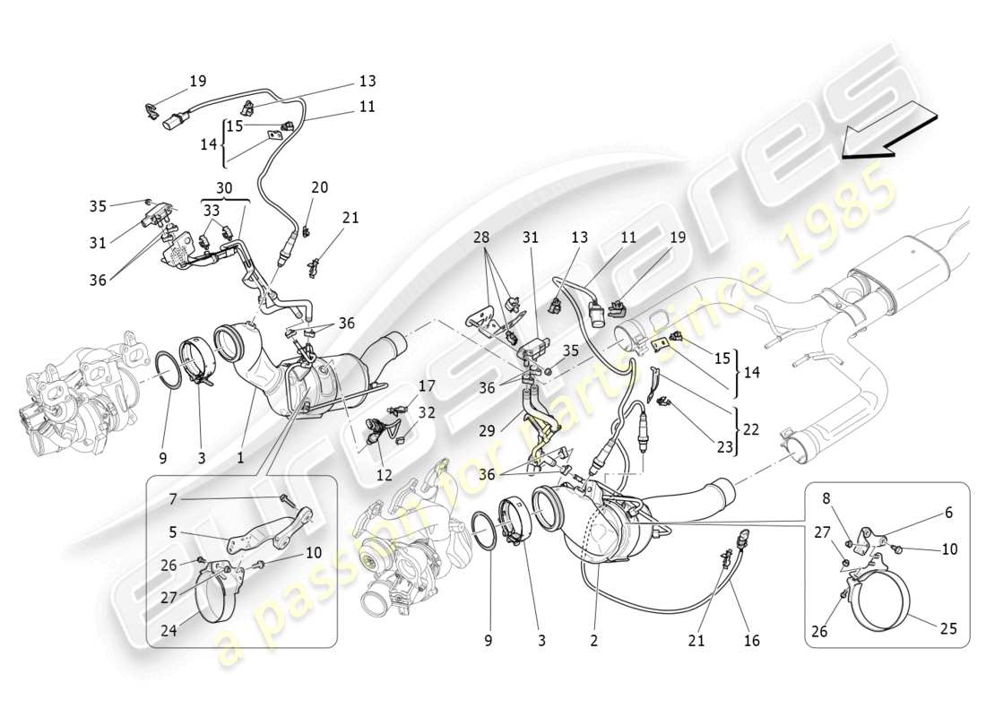 maserati levante tributo (2021) convertidores precatalíticos y convertidores catalíticos. diagrama de piezas