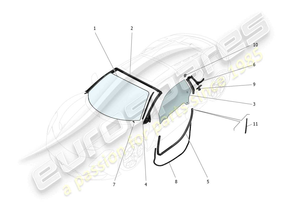 maserati mc20 cielo (2023) diagrama de piezas de ventanas y listones de ventanas