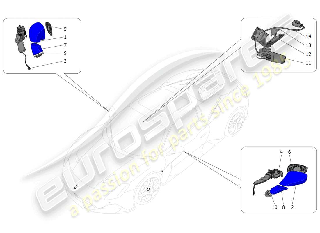 maserati mc20 (2022) diagrama de piezas de los espejos retrovisores internos y externos