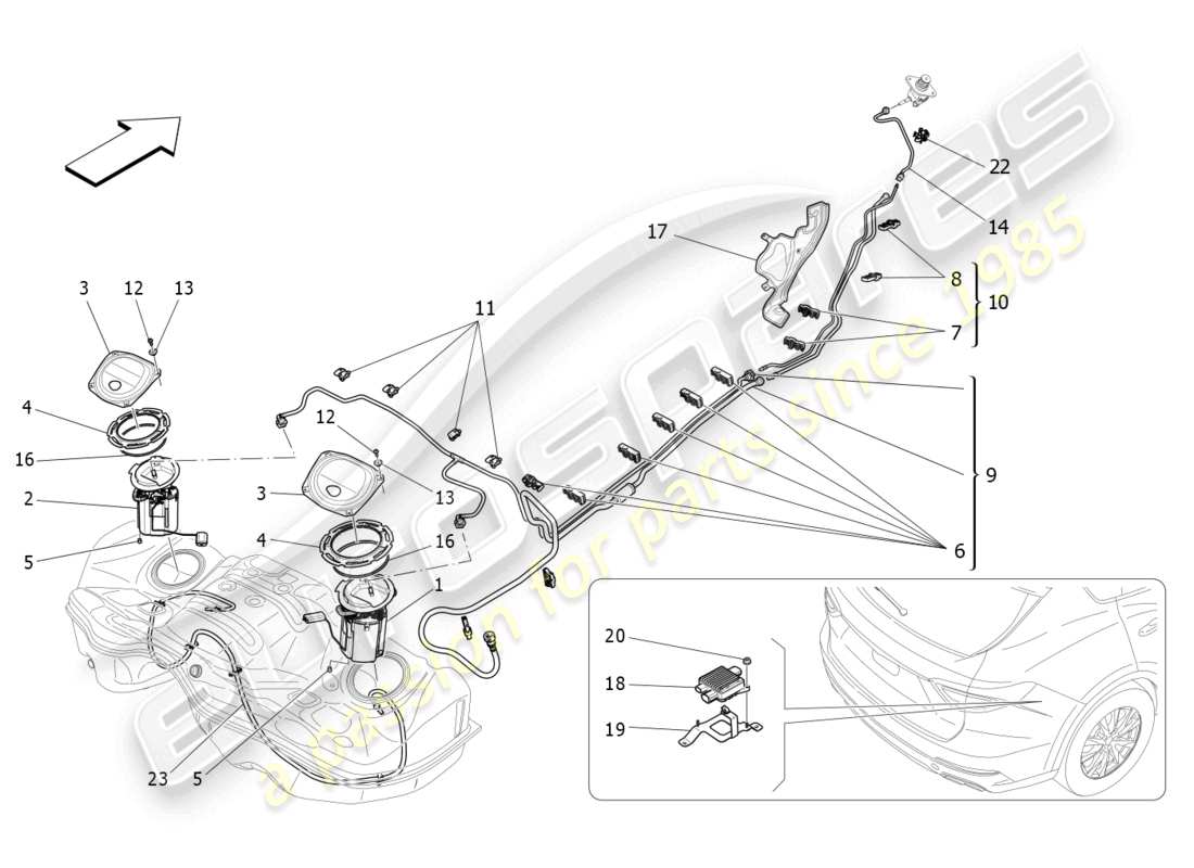 maserati levante modena s (2022) diagrama de piezas de bombas de combustible y líneas de conexión