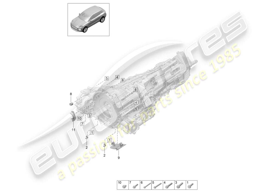 porsche 2021 (macan) diagrama de piezas de montaje para motor y transmisión