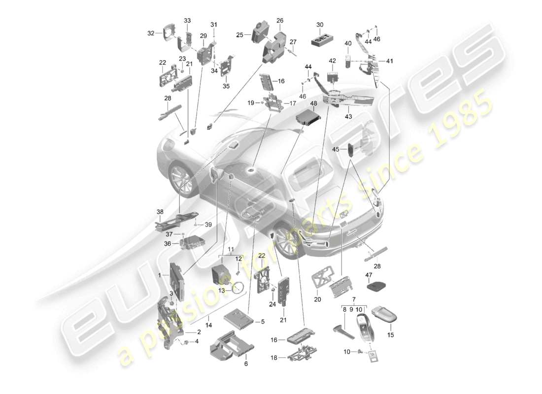 porsche 2024 (718 boxster) unidades de control parte delantera parte trasera transmisor portátil interruptor de encendido/arranque antena sensor para monitoreo interior diagrama de piezas