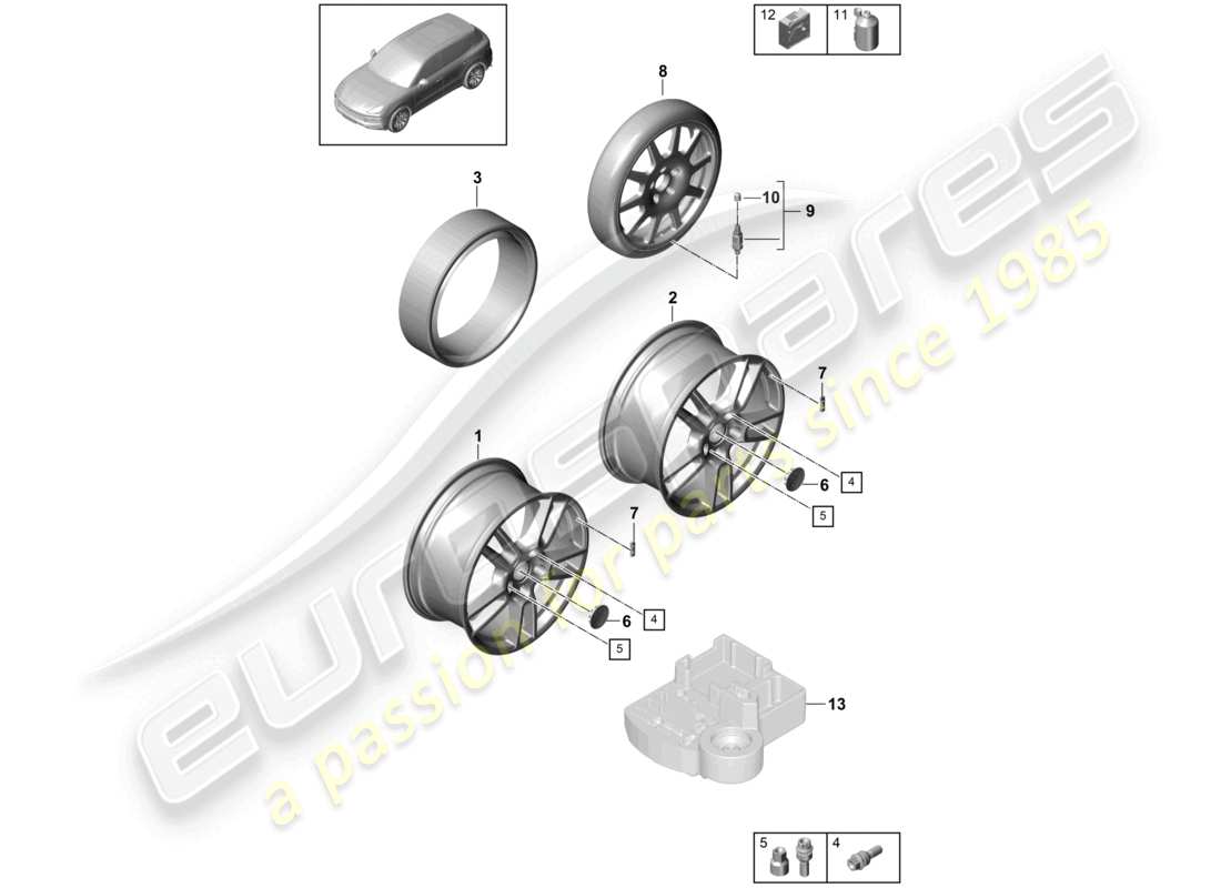 porsche 2021 (cayenne e3 9ya/9yb) diagrama de piezas de la rueda de aleación