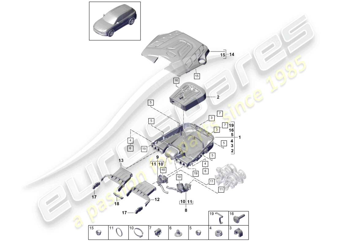 porsche 2021 (cayenne e3 9ya/9yb) filtro de aire con piezas de conexión diagrama de piezas de la cubierta del motor