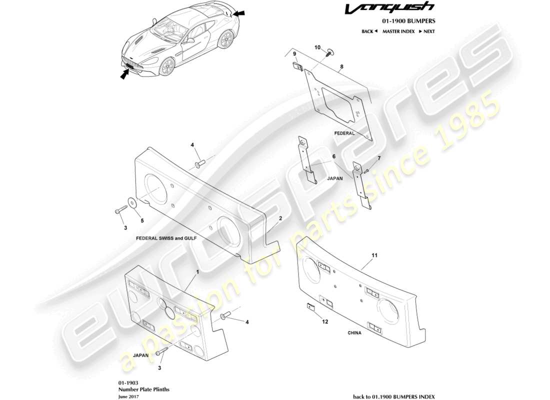 aston martin vanquish (2015) zócalos de matrícula diagrama de piezas