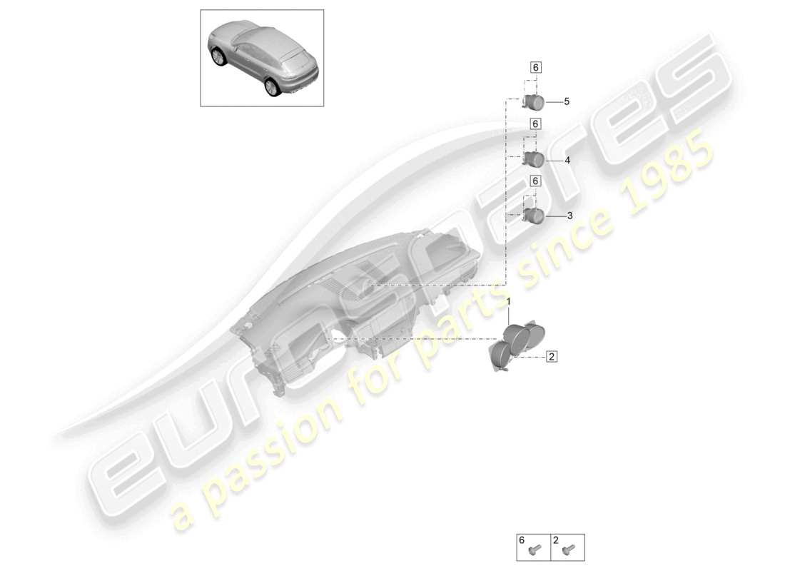 porsche 2021 (macan) diagrama de piezas de la brújula del cronómetro con esfera negra y plateada.