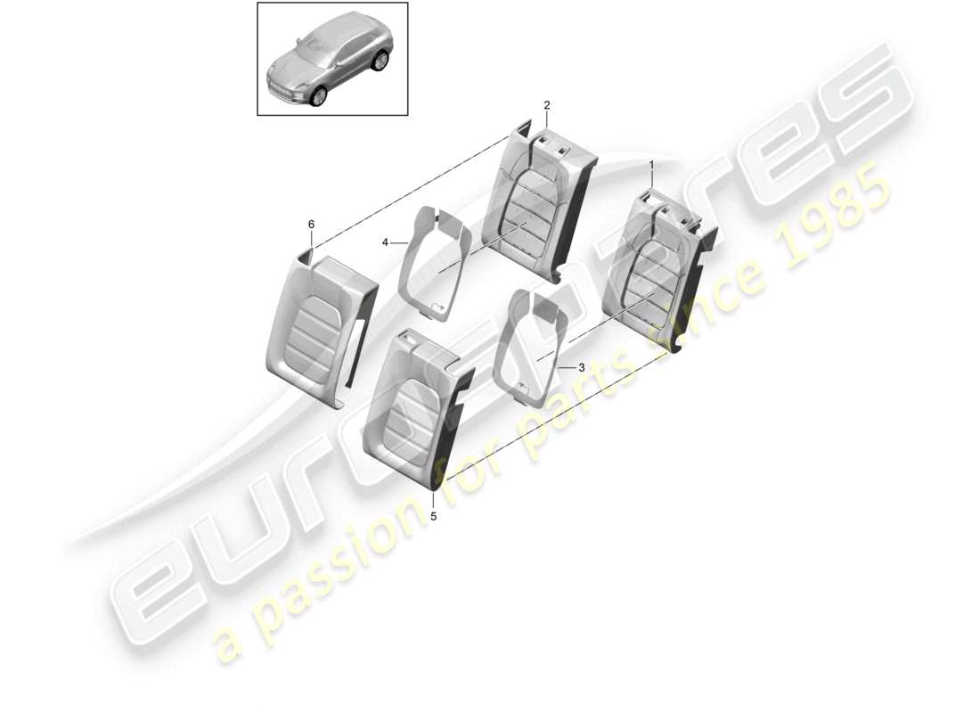 porsche 2021 (macan) funda de espuma para respaldo de asiento deportivo. diagrama de piezas