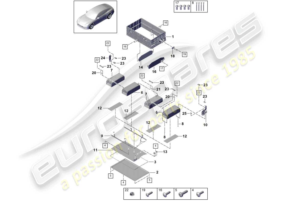 porsche 2022 (cayenne e3 9ya/9yb) batería híbrida inferior partes individuales diagrama de piezas