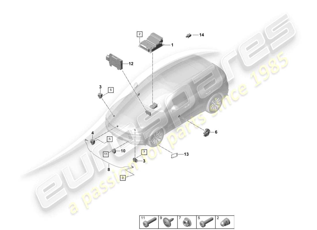 porsche 2022 (cayenne e3 9ya/9yb) unidad de control sensores airbag sensor de presión protección de peatones diagrama de piezas
