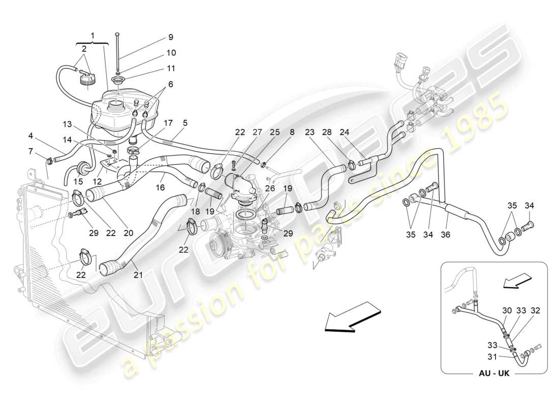 maserati granturismo mc stradale (2011) sistema de refrigeración: diagrama de piezas de nourice y líneas