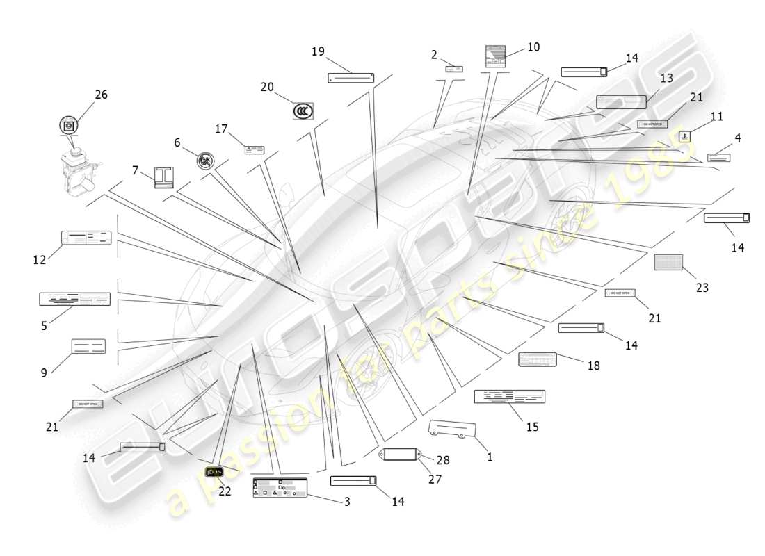 maserati mc20 (2023) diagrama de piezas de pegatinas y etiquetas