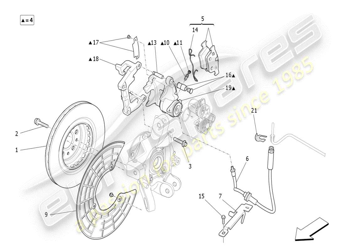 maserati ghibli (2020) diagrama de piezas de los dispositivos de frenado en las ruedas traseras