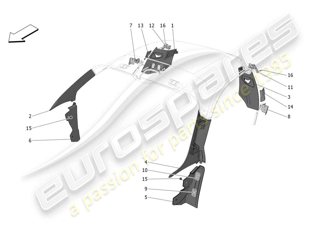 maserati mc20 (2022) diagrama de piezas de paneles laterales y embellecedores del pilar b del compartimento de pasajeros