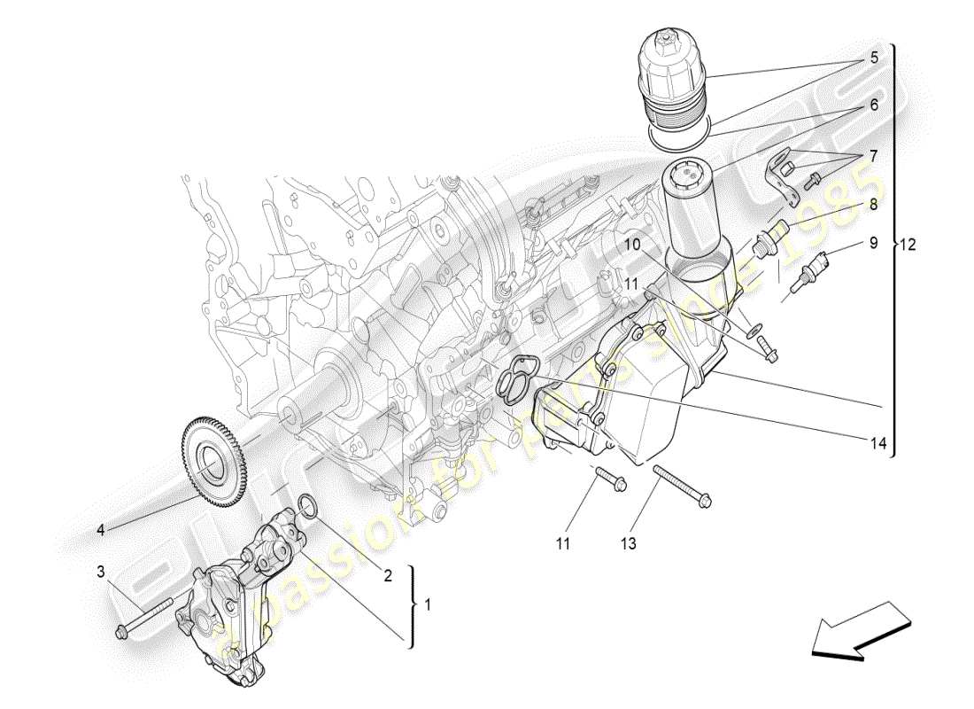 maserati ghibli (2021) sistema de lubricación: diagrama de piezas de bomba y filtro