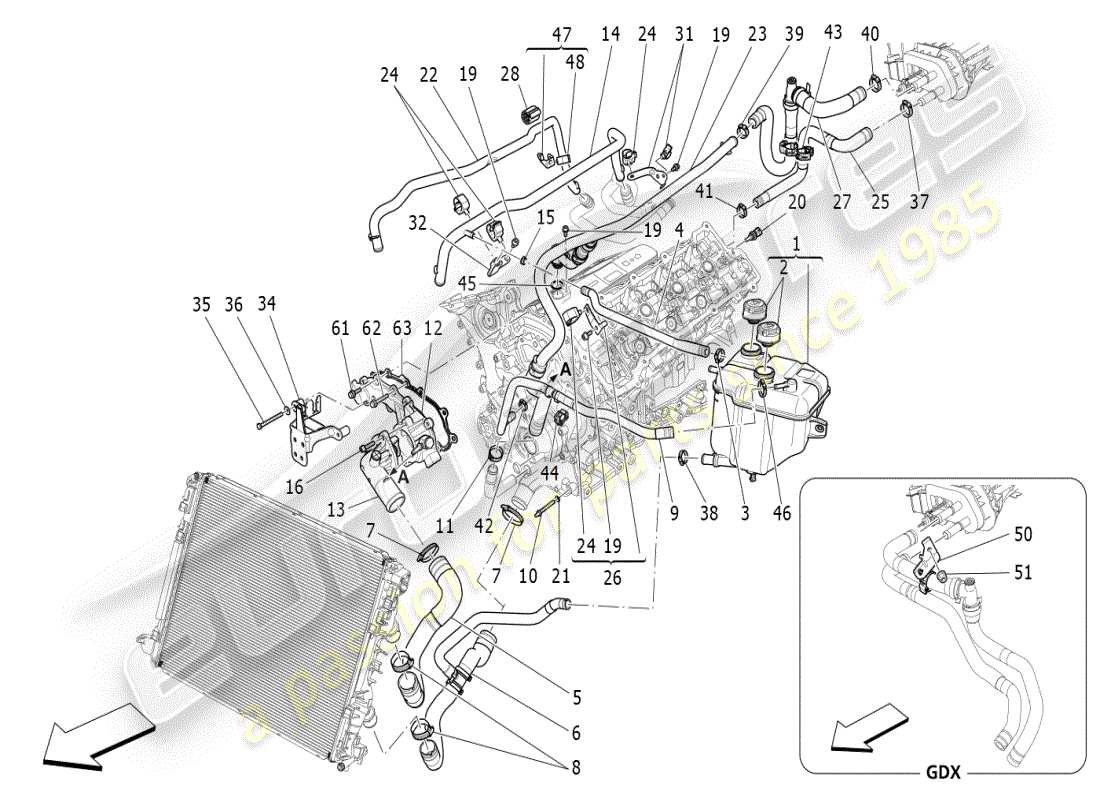 maserati ghibli (2021) sistema de refrigeración: diagrama de piezas de nourice y líneas