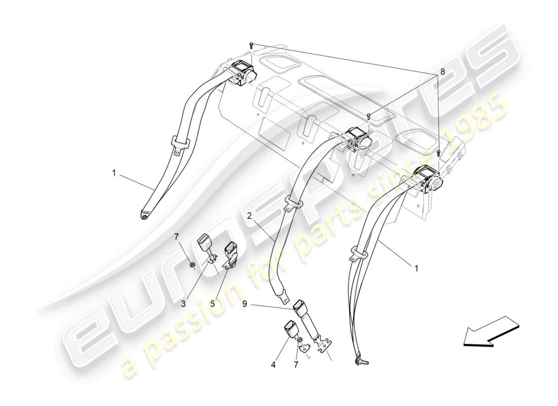 maserati ghibli (2018) diagrama de piezas de los cinturones de seguridad traseros