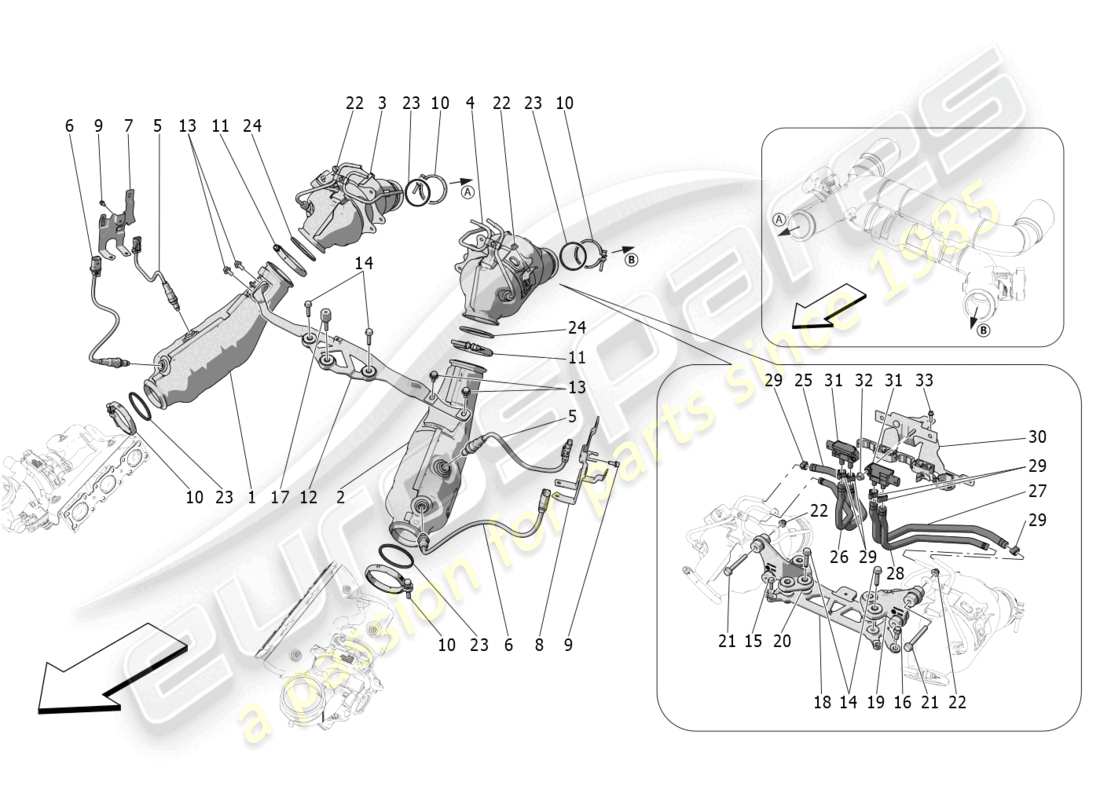 maserati mc20 (2023) diagrama de piezas de convertidores precatalíticos y convertidores catalíticos