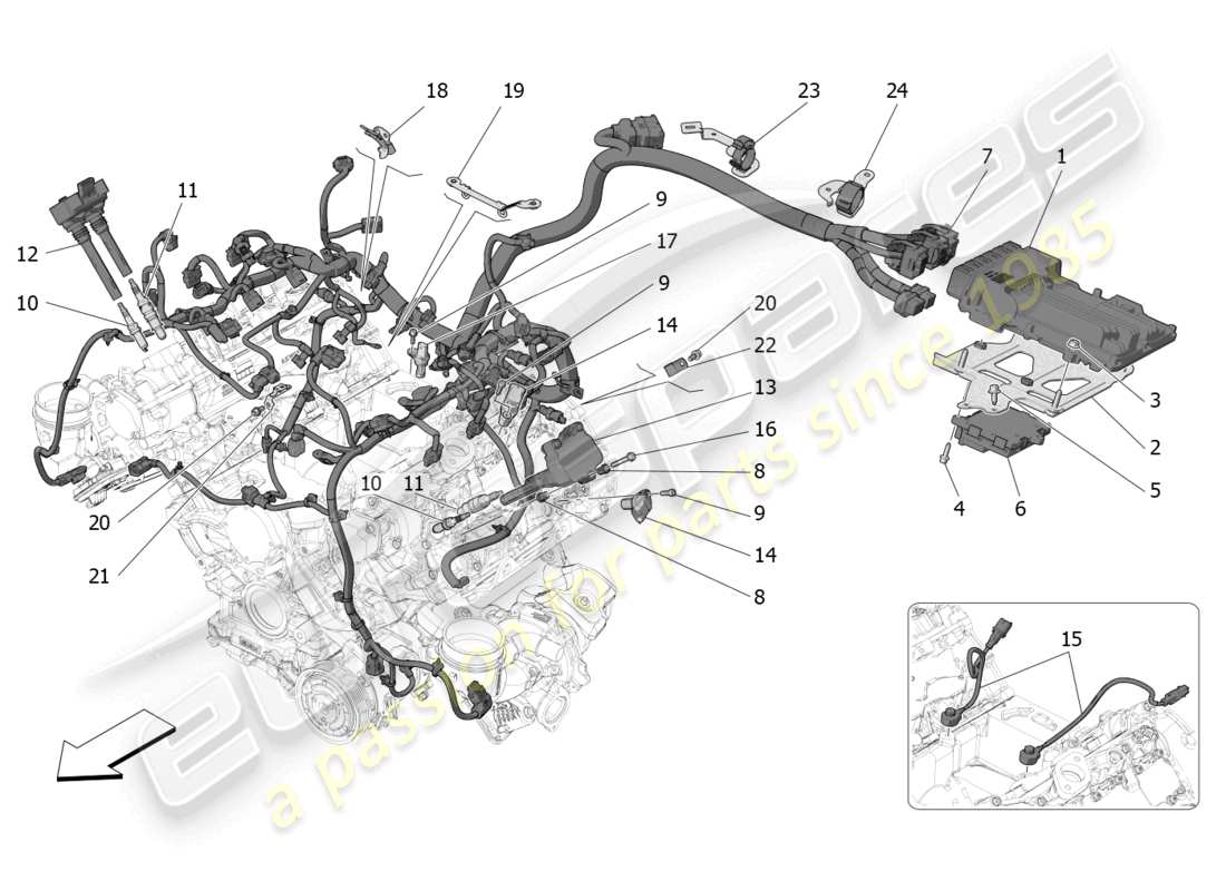 maserati mc20 (2022) control electrónico: diagrama de piezas de control de sincronización del motor y inyección