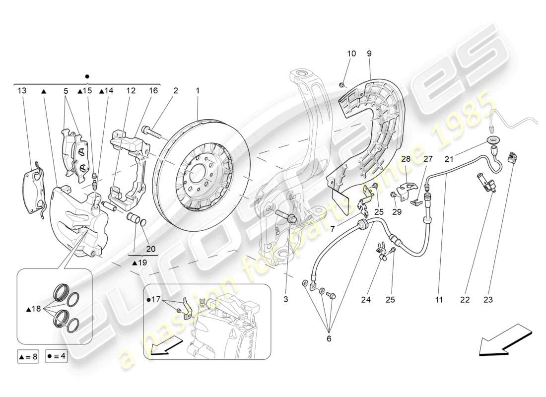maserati levante (2017) dispositivos de frenado en las ruedas delanteras diagrama de piezas