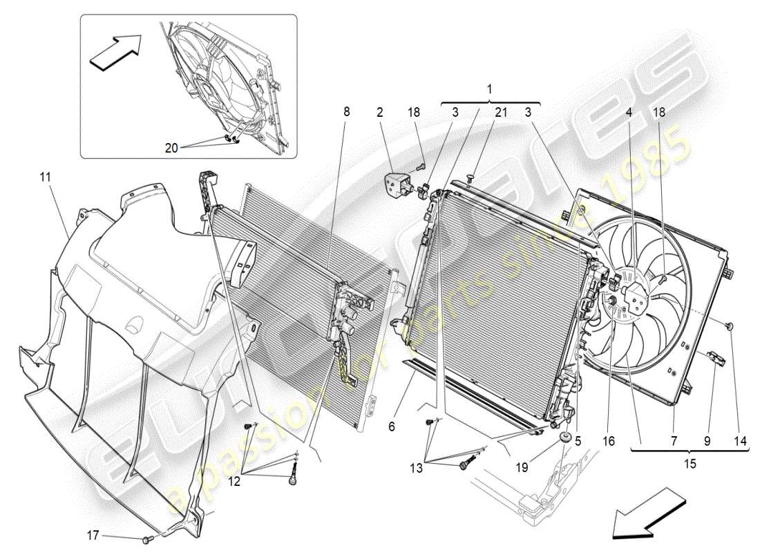 maserati ghibli (2021) enfriamiento: diagrama de piezas de conductos y radiadores de aire