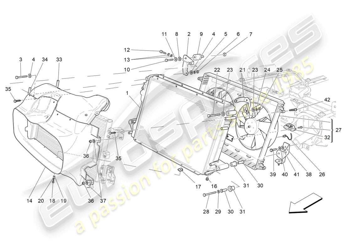maserati granturismo mc stradale (2012) enfriamiento: diagrama de piezas de conductos y radiadores de aire