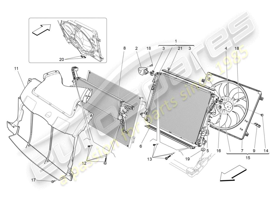 maserati ghibli (2018) enfriamiento: diagrama de piezas de conductos y radiadores de aire